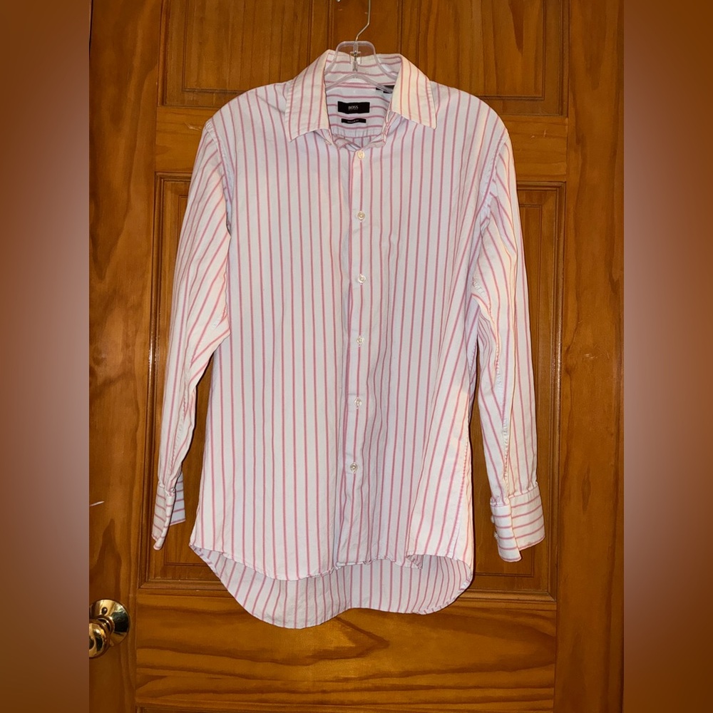 BOSS Hugo Boss Enzo US Regular Fit Dress Shirt Pink Stripe Size 15.5 40